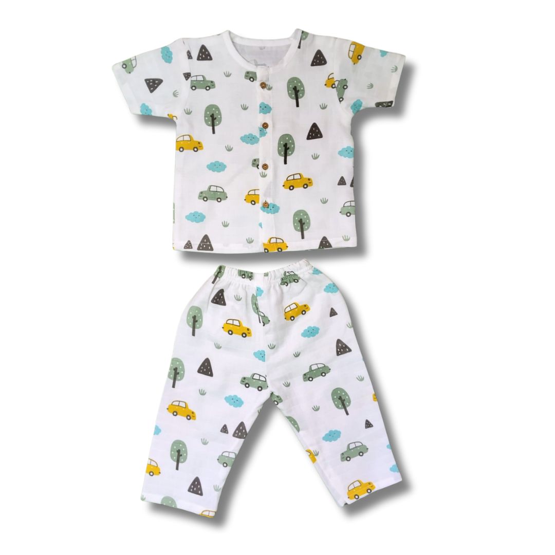 LazyToddler Muslin Half Shirt and Full Pant Set ( Car )