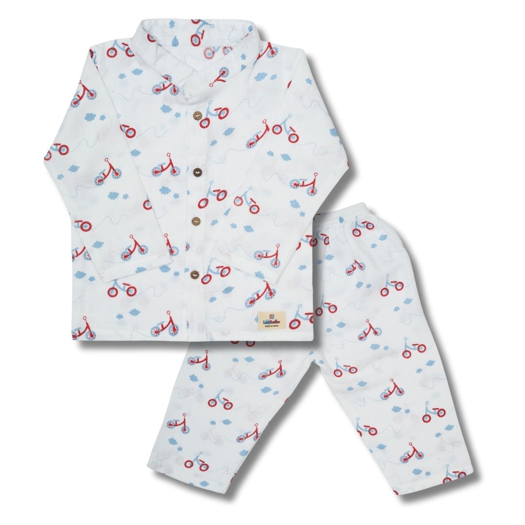 Premium Muslin Chinese Collar Co-ord Set Full Shirt & Pant (Cycle)