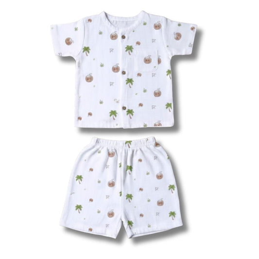 Muslin Premium Co-ord Set Short Sleeve Shirt and Short Designer Suit (Coconut)