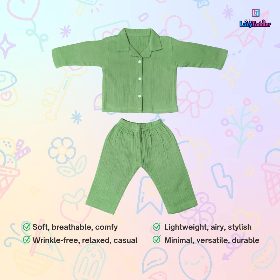 Crinkled Muslin Full Night Suit Premium Open Collar