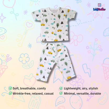 LazyToddler Muslin Half Shirt and Full Pant Set ( Car )
