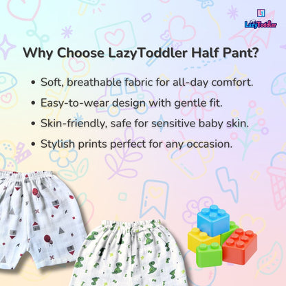 LazyToddler Summer Essential Pack of 4 Pure Muslin Cotton Shorts for Toddlers Infants