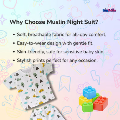 LazyToddler Muslin Half Shirt and Full Pant Set ( Car )