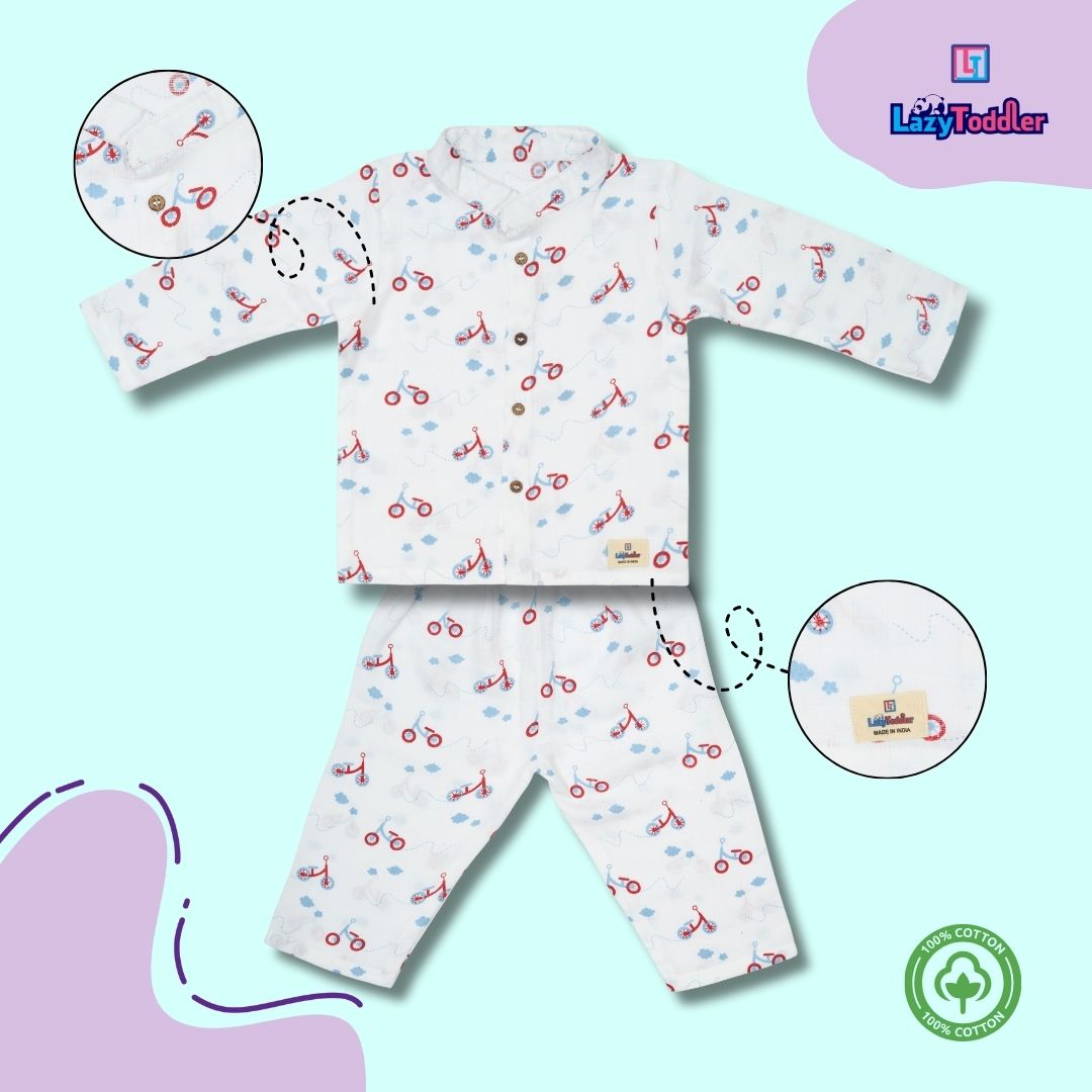 Premium Muslin Chinese Collar Co-ord Set Full Shirt & Pant (Cycle)