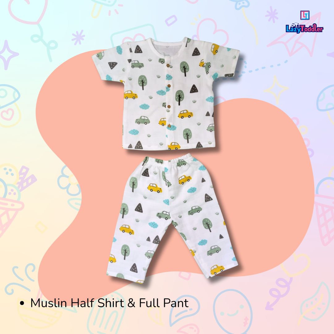 LazyToddler Muslin Half Shirt and Full Pant Set ( Car )