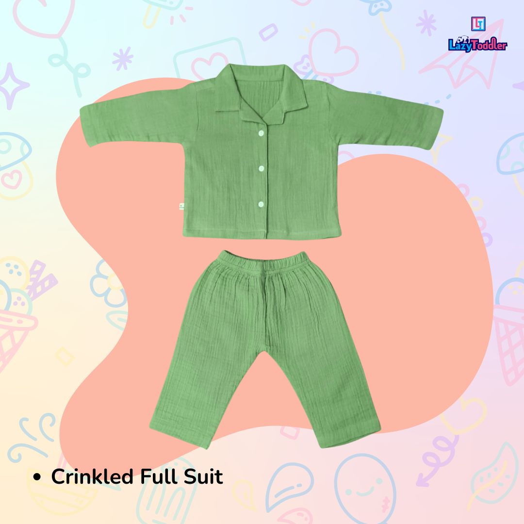 Crinkled Muslin Full Night Suit Premium Open Collar