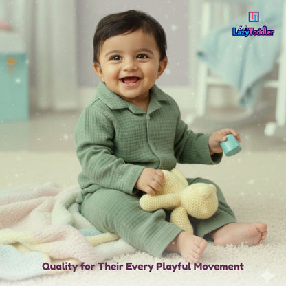 Crinkled Muslin Full Night Suit Premium Open Collar