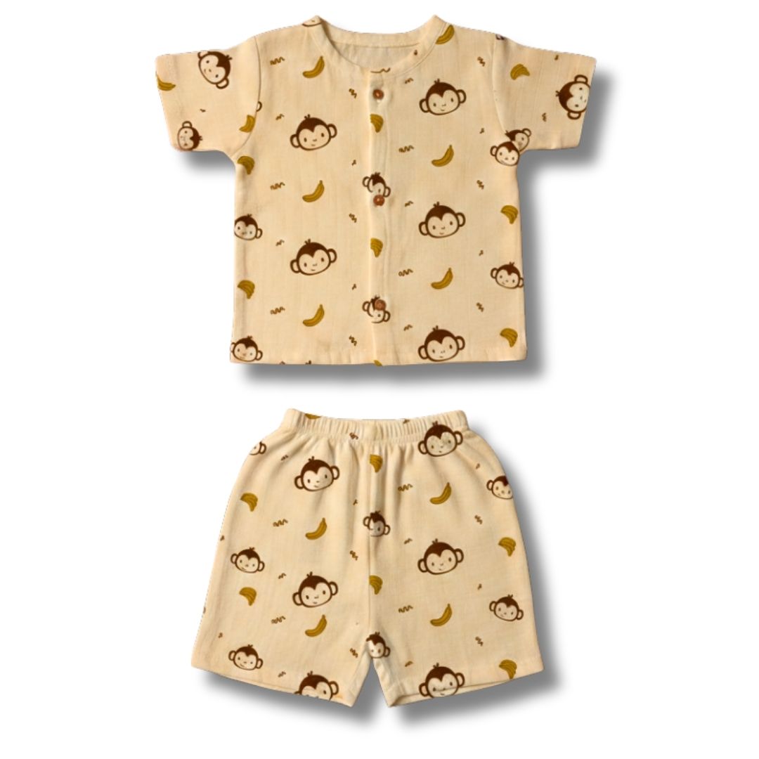 Muslin Premium Co-ord Set Short Sleeve Shirt and Short Designer Suit (Monkey)