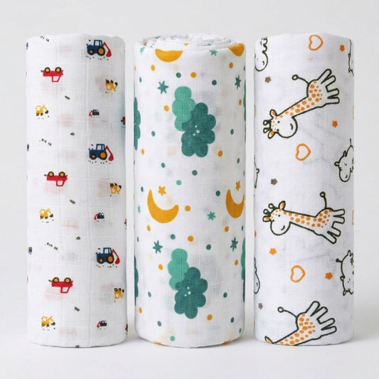 LazyToddler Premium Muslin Baby Swaddle Set of 3 | Multi-Print Design Blankets