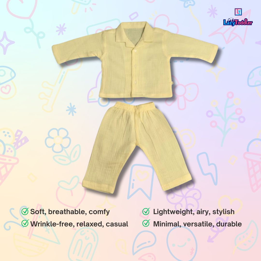 Crinkled Muslin Full Night Suit Premium Open Collar