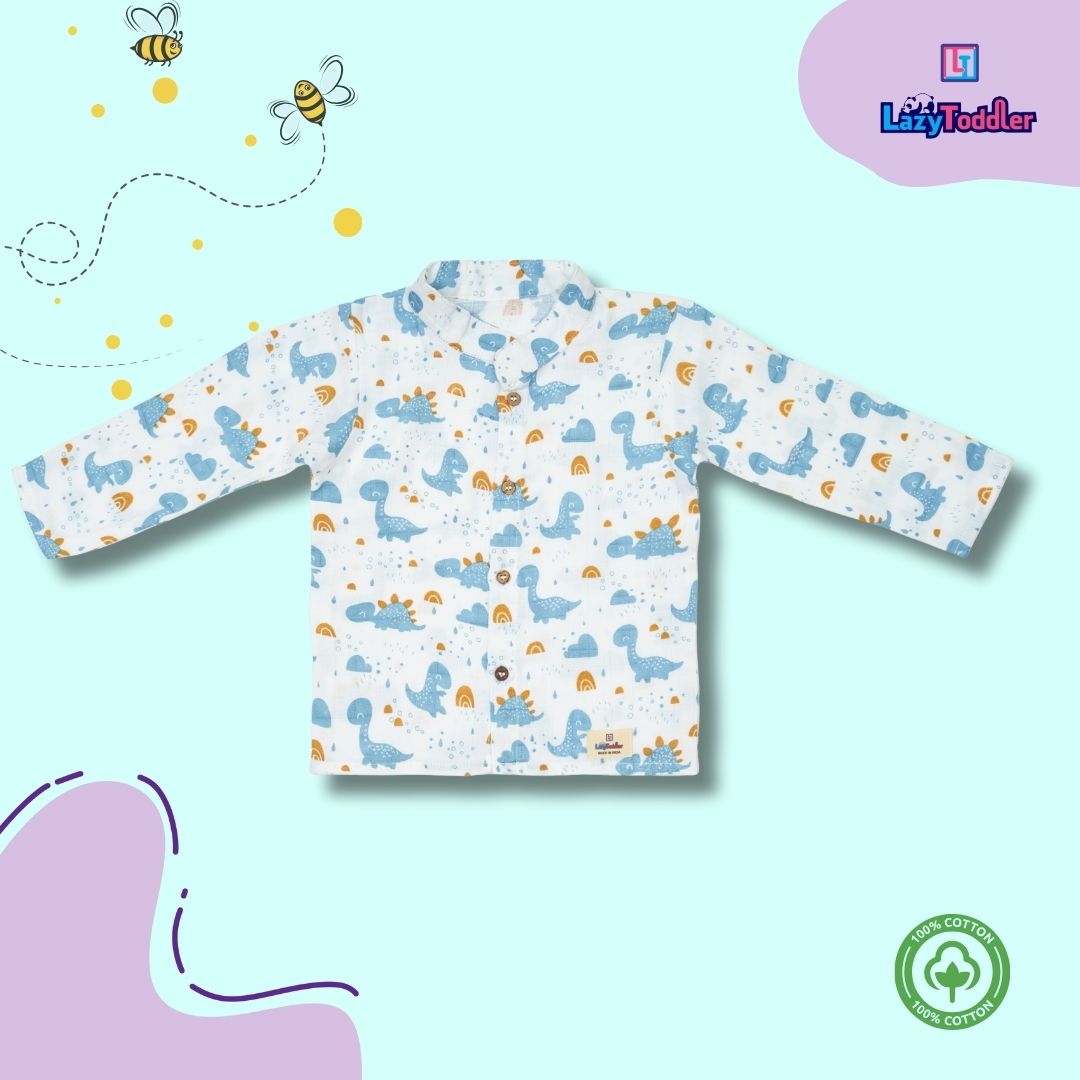 Premium Muslin Chinese Collar Co-ord Set Full Shirt & Pant (Blue Dino)