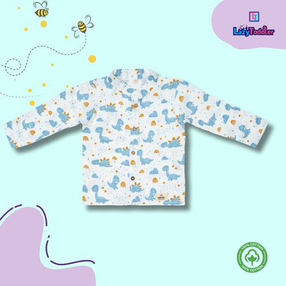 Premium Muslin Chinese Collar Co-ord Set Full Shirt & Pant (Blue Dino)