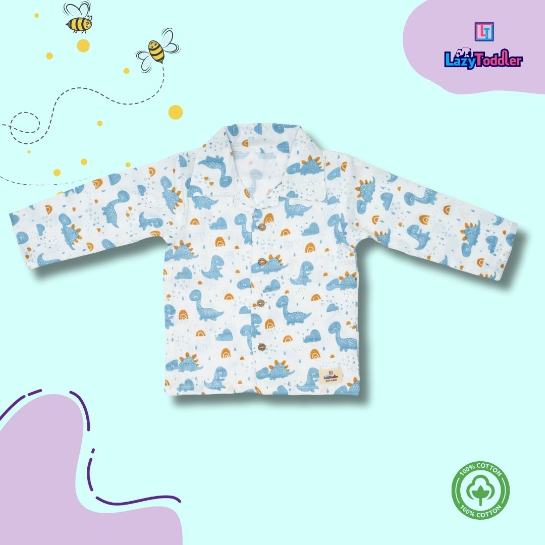 Premium Muslin Western Collar Co-ord Set (Blue Dino)  Full Shirt & Pant (Copy)