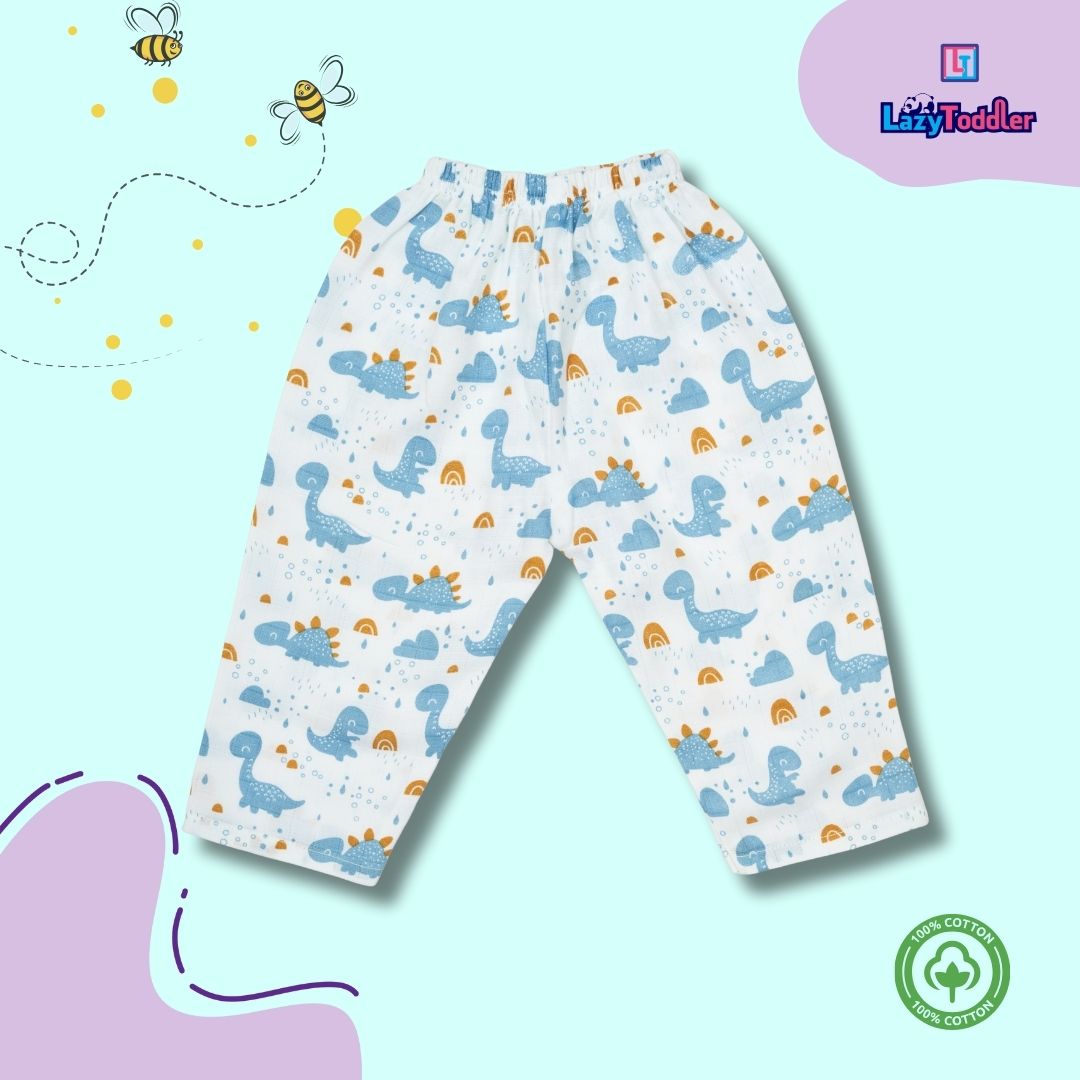 Premium Muslin Chinese Collar Co-ord Set Full Shirt & Pant (Blue Dino)