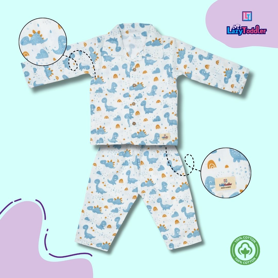 Premium Muslin Western Collar Co-ord Set (Blue Dino)  Full Shirt & Pant (Copy)