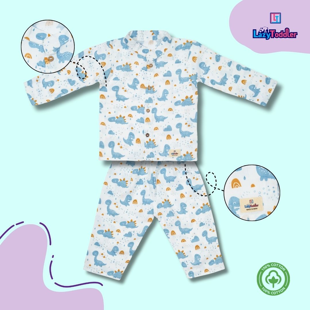 Premium Muslin Chinese Collar Co-ord Set Full Shirt & Pant (Blue Dino)