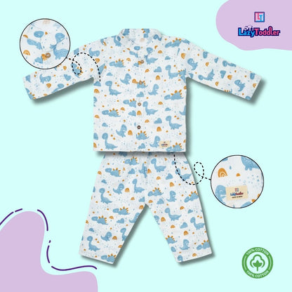 Premium Muslin Chinese Collar Co-ord Set Full Shirt & Pant (Blue Dino)