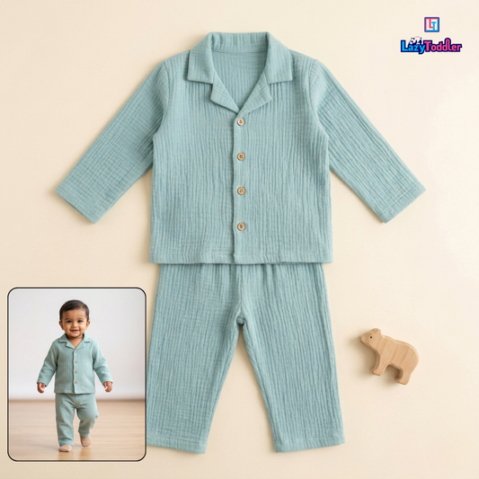 LazyToddler Crinkle Cotton Full Shirt & Pant Co-ord Set – Pastel Mint | Soft Breathable Baby & Toddler Outfit (Boys & Girls)