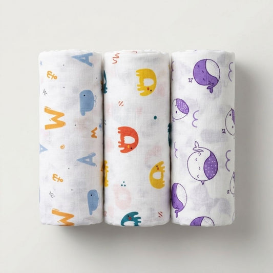 LazyToddler Premium Muslin Baby Swaddle Set of 3 | Multi-Print Design Blankets