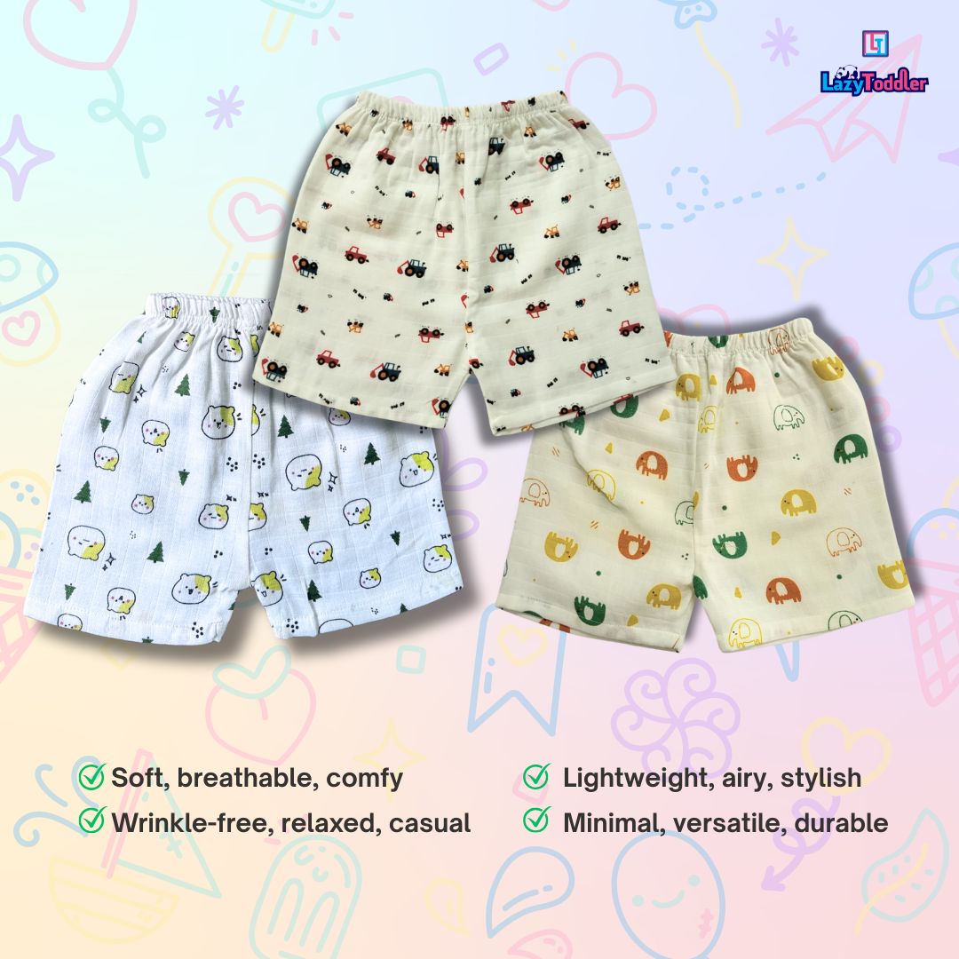 LazyToddler Summer Essential Pack of 6 Pure Muslin Cotton Shorts for Toddlers Infants