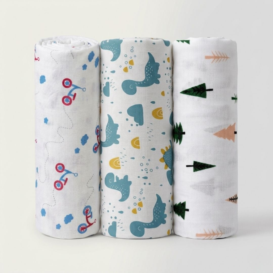 LazyToddler Premium Muslin Baby Swaddle Set of 3 | Multi-Print Design Blankets