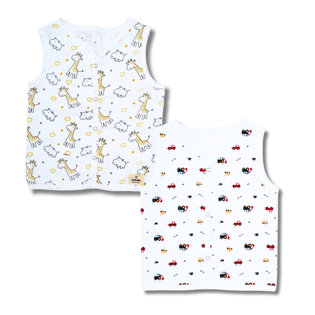 Premium Muslin Printed Push-Button Jhabla Pack of 2 - Mix Print