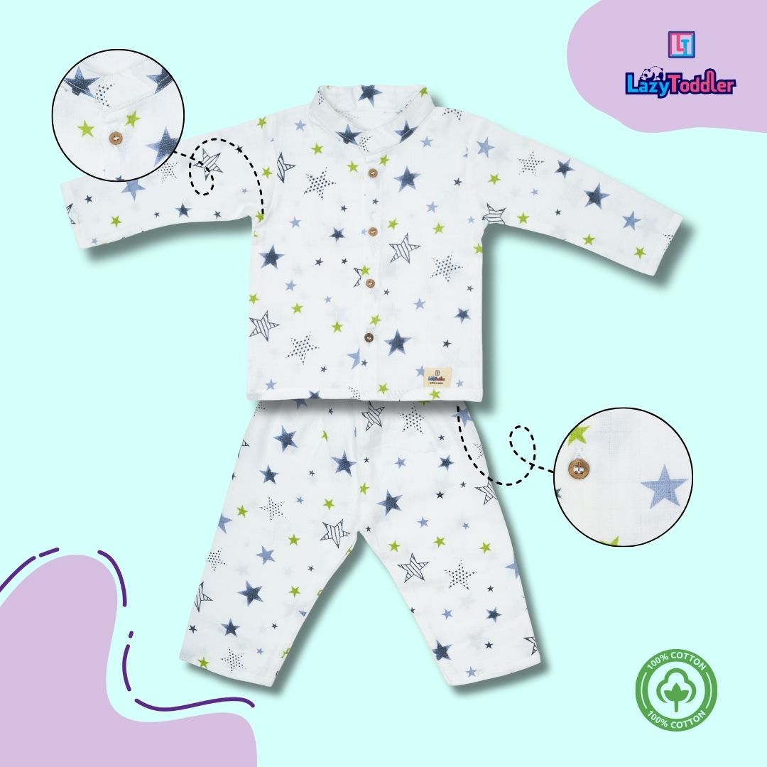 Premium Muslin Chinese Collar Co-ord Set Full Shirt & Pant (New Star)