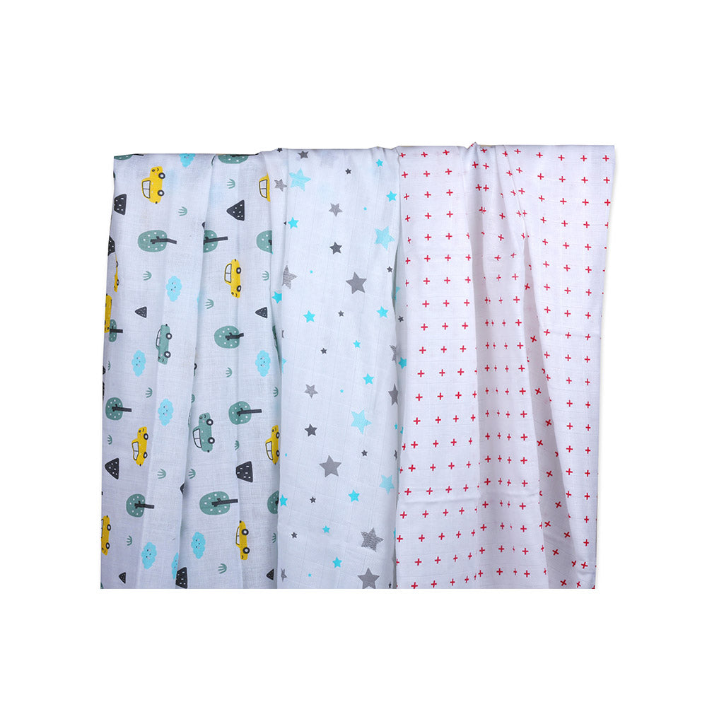 Muslin Swaddle Set of 3 - Car - Blue Star – Red Plus