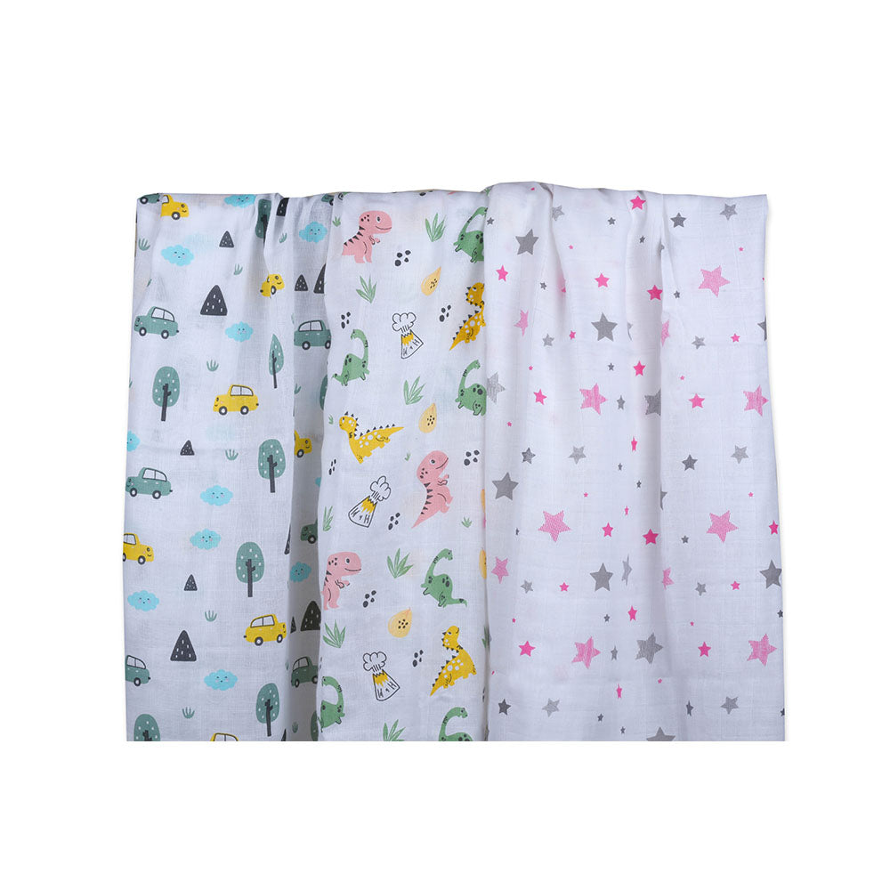 Muslin Swaddle Set of 3 - Car - Dino - Pink Star