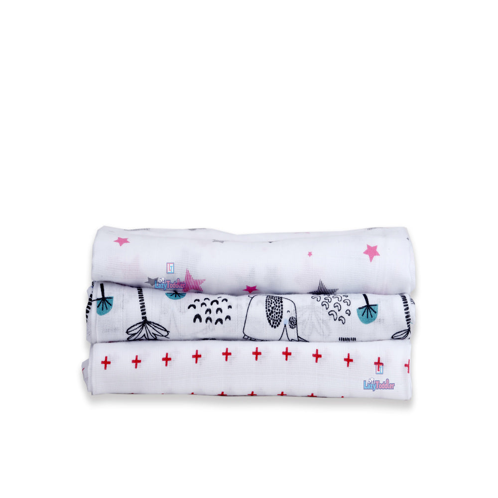 Muslin Swaddle Set of 3 - Pink & Red