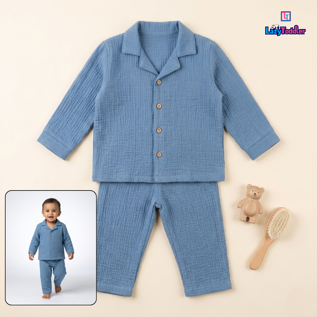 LazyToddler Crinkle Cotton Full Shirt & Pant Co-ord Set – Blue | Soft Breathable Baby & Toddler Outfit (Boys & Girls)