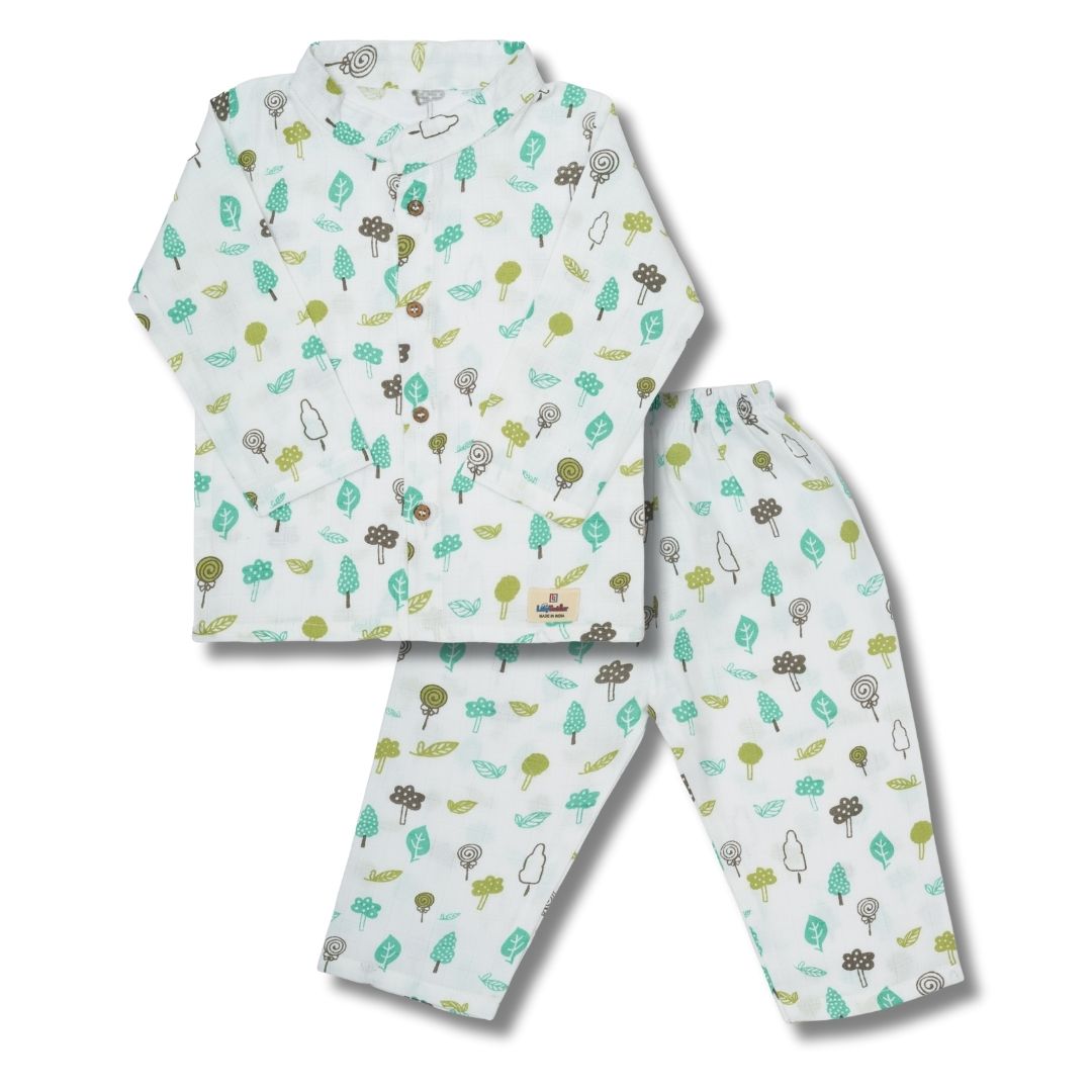 Premium Muslin Chinese Collar Co-ord Set Full Shirt & Pant (Tree)