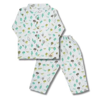 Premium Muslin Chinese Collar Co-ord Set Full Shirt & Pant (Tree)