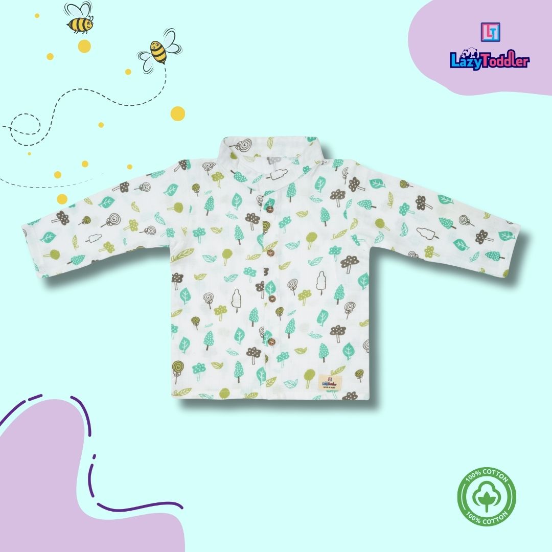 Premium Muslin Chinese Collar Co-ord Set Full Shirt & Pant (Tree)