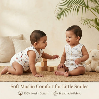 Premium Muslin Printed Push-Button Jhabla Pack of 2 - Mix Print