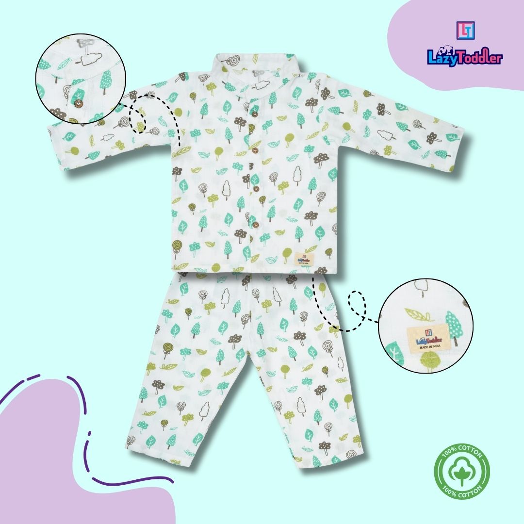 Premium Muslin Chinese Collar Co-ord Set Full Shirt & Pant (Tree)