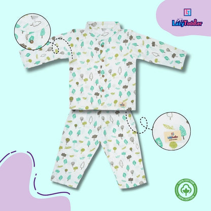 Premium Muslin Chinese Collar Co-ord Set Full Shirt & Pant (Tree)