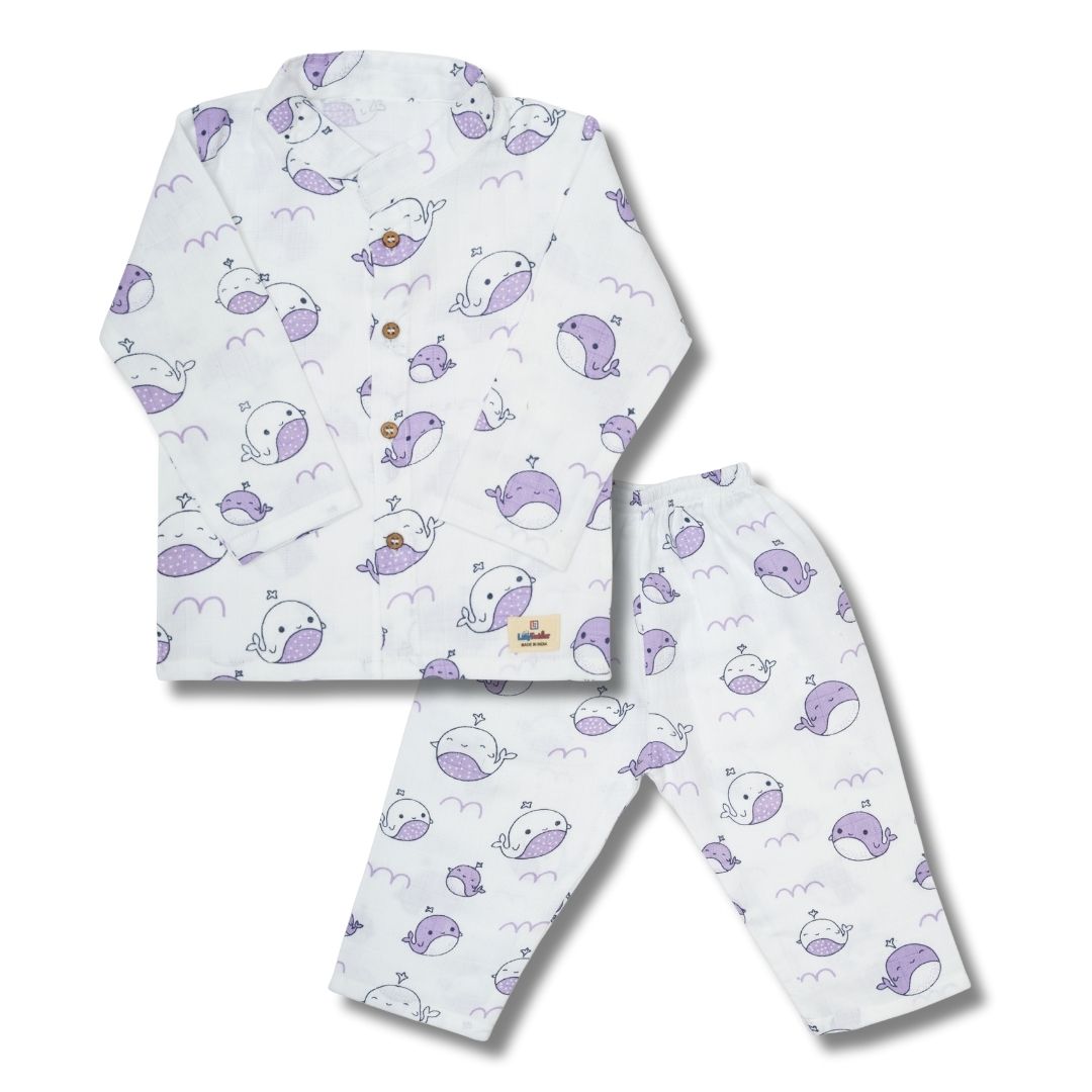 Premium Muslin Chinese Collar Co-ord Set Full Shirt & Pant (Whale)