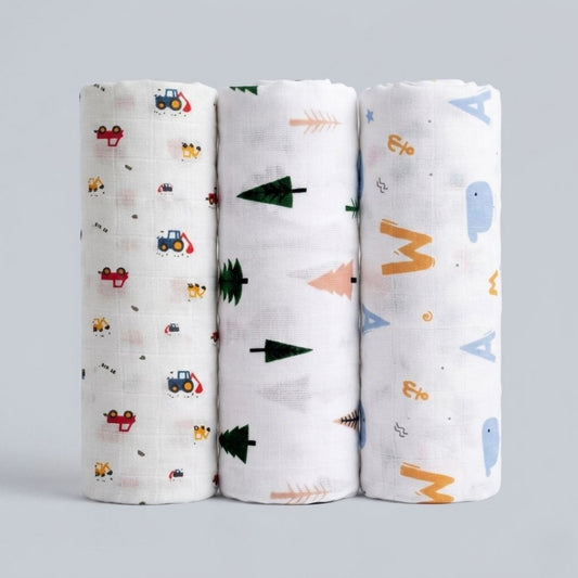 LazyToddler Premium Muslin Baby Swaddle Set of 3 | Multi-Print Design Blankets