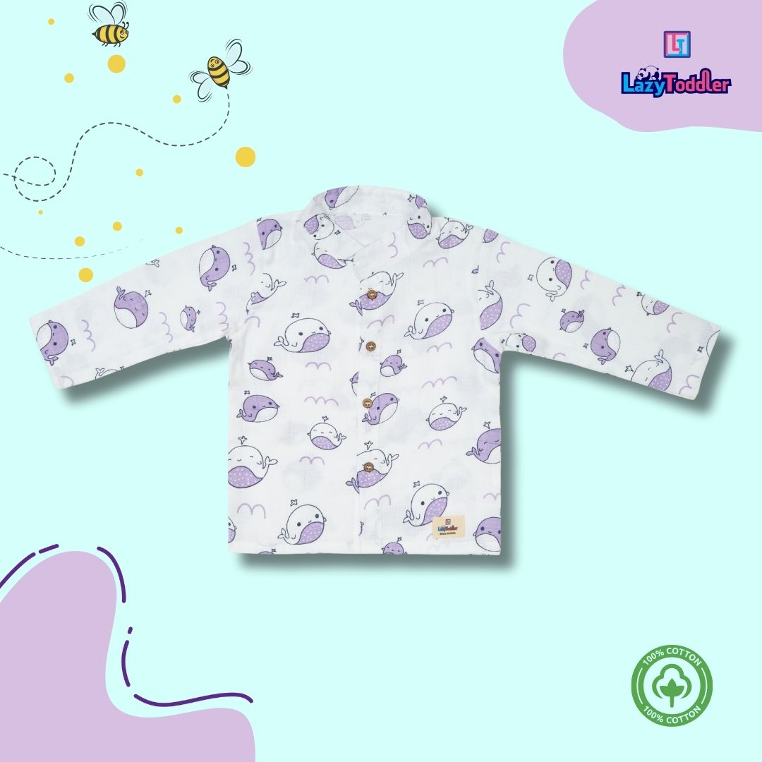 Premium Muslin Chinese Collar Co-ord Set Full Shirt & Pant (Whale)
