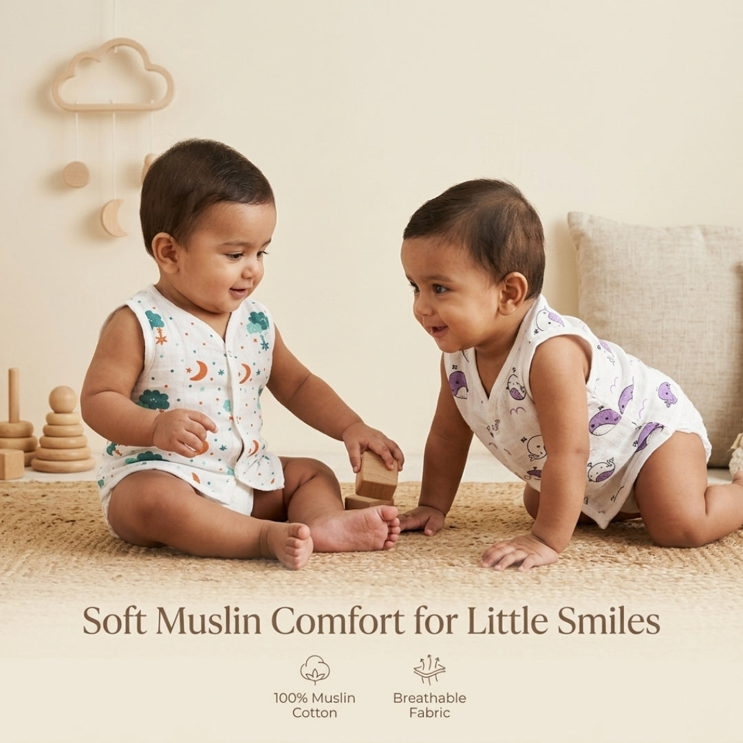 Premium Muslin Printed Push-Button Jhabla Pack of 2 - Mix Print