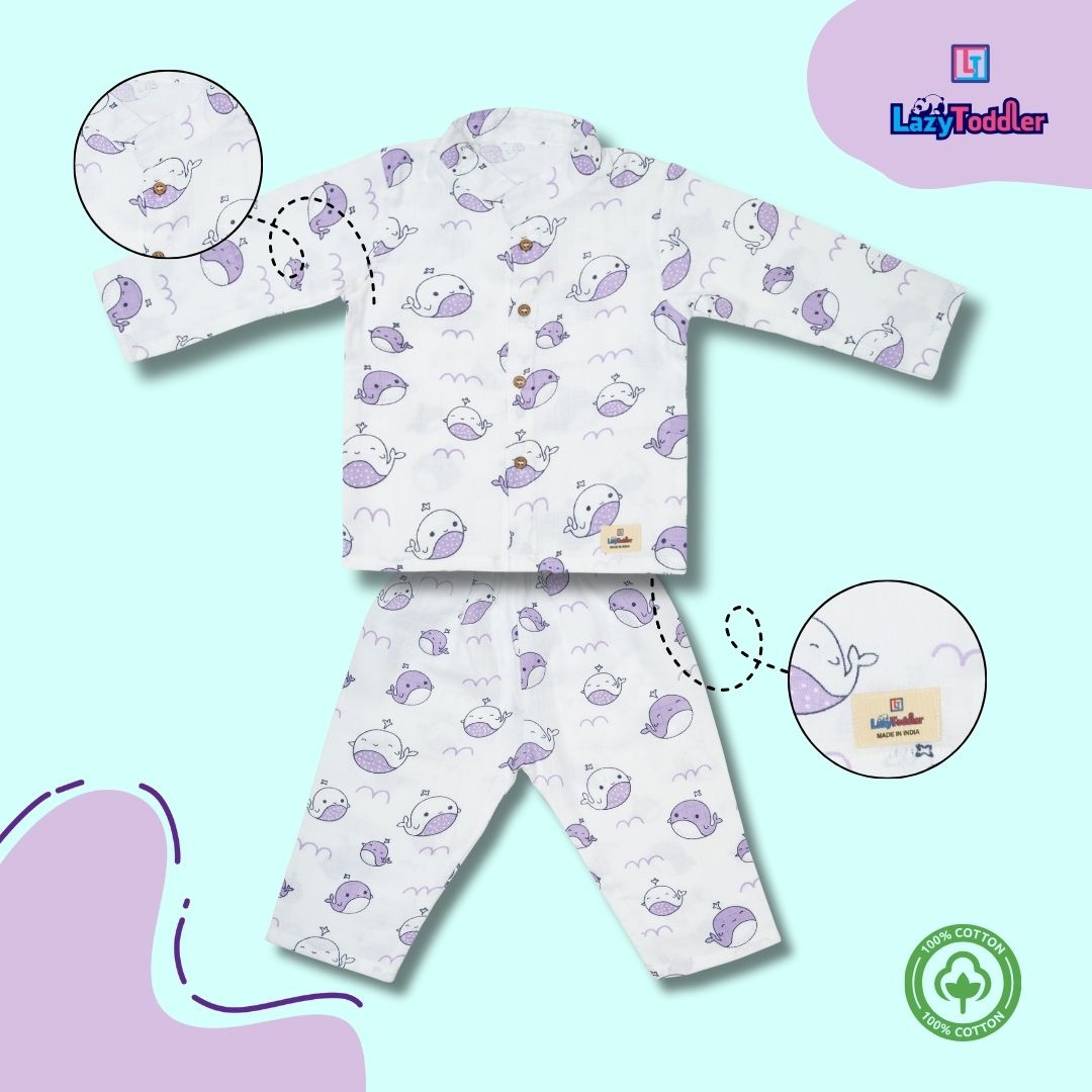 Premium Muslin Chinese Collar Co-ord Set Full Shirt & Pant (Whale)