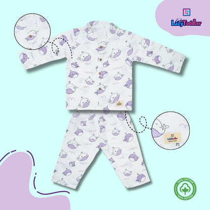 Premium Muslin Chinese Collar Co-ord Set Full Shirt & Pant (Whale)