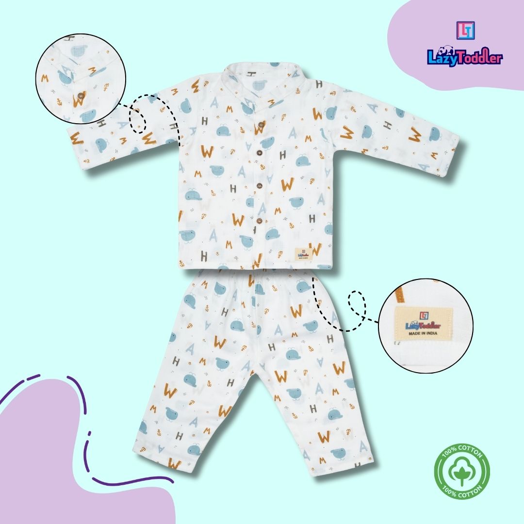 Premium Muslin Chinese Collar Co-ord Set Full Shirt & Pant (Alphabet)