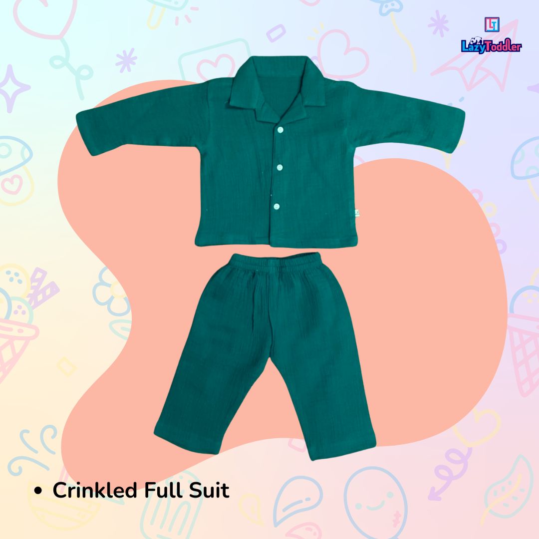 Crinkled Muslin Full Night Suit Premium Open Collar