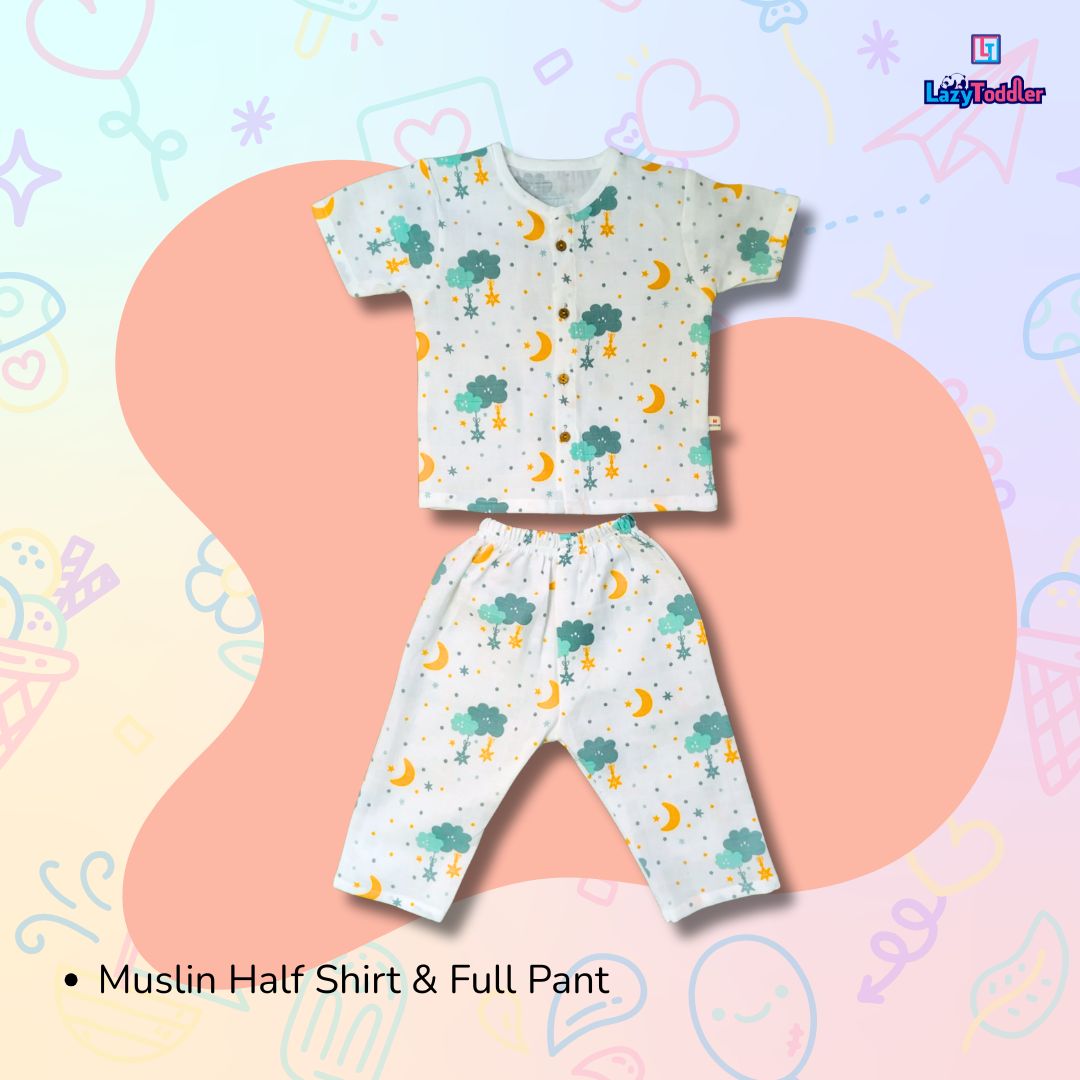 LazyToddler Muslin Half Shirt and Full Pant Set (Cloud)