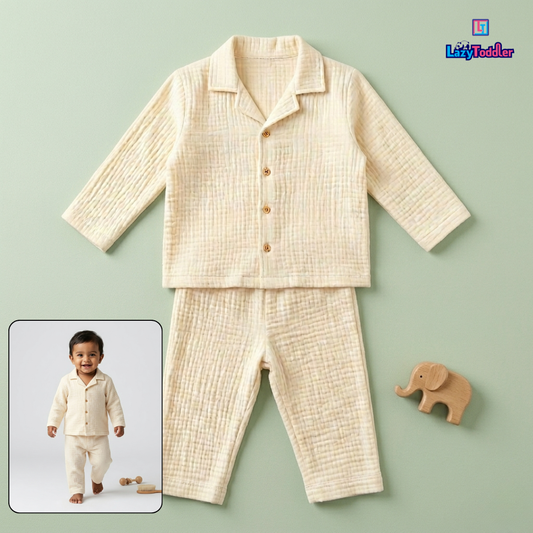 LazyToddler Crinkle Cotton Full Shirt & Pant Co-ord Set – Cream | Soft Breathable Baby & Toddler Outfit (Boys & Girls)