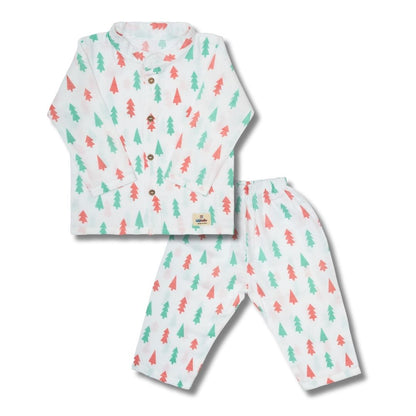Premium Muslin Chinese Collar Co-ord Set Full Shirt & Pant (X-Mas Tree)