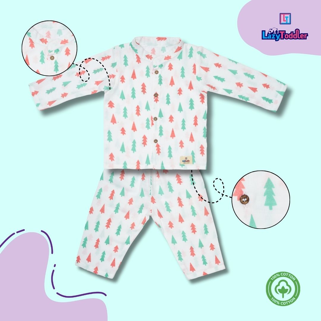 Premium Muslin Chinese Collar Co-ord Set Full Shirt & Pant (X-Mas Tree)