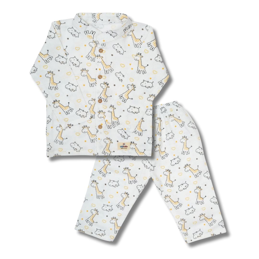 Premium Muslin Chinese Collar Co-ord Set Full Shirt & Pant (Giraffe)